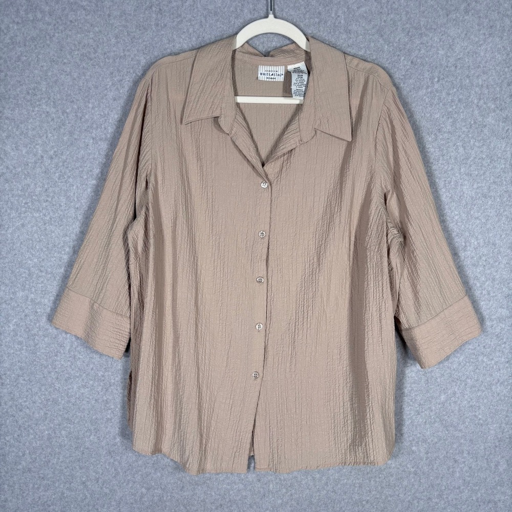 Vintage White Stag Crinkle Shirt 1X Tan Textured Neutral Button Up Lagenlook